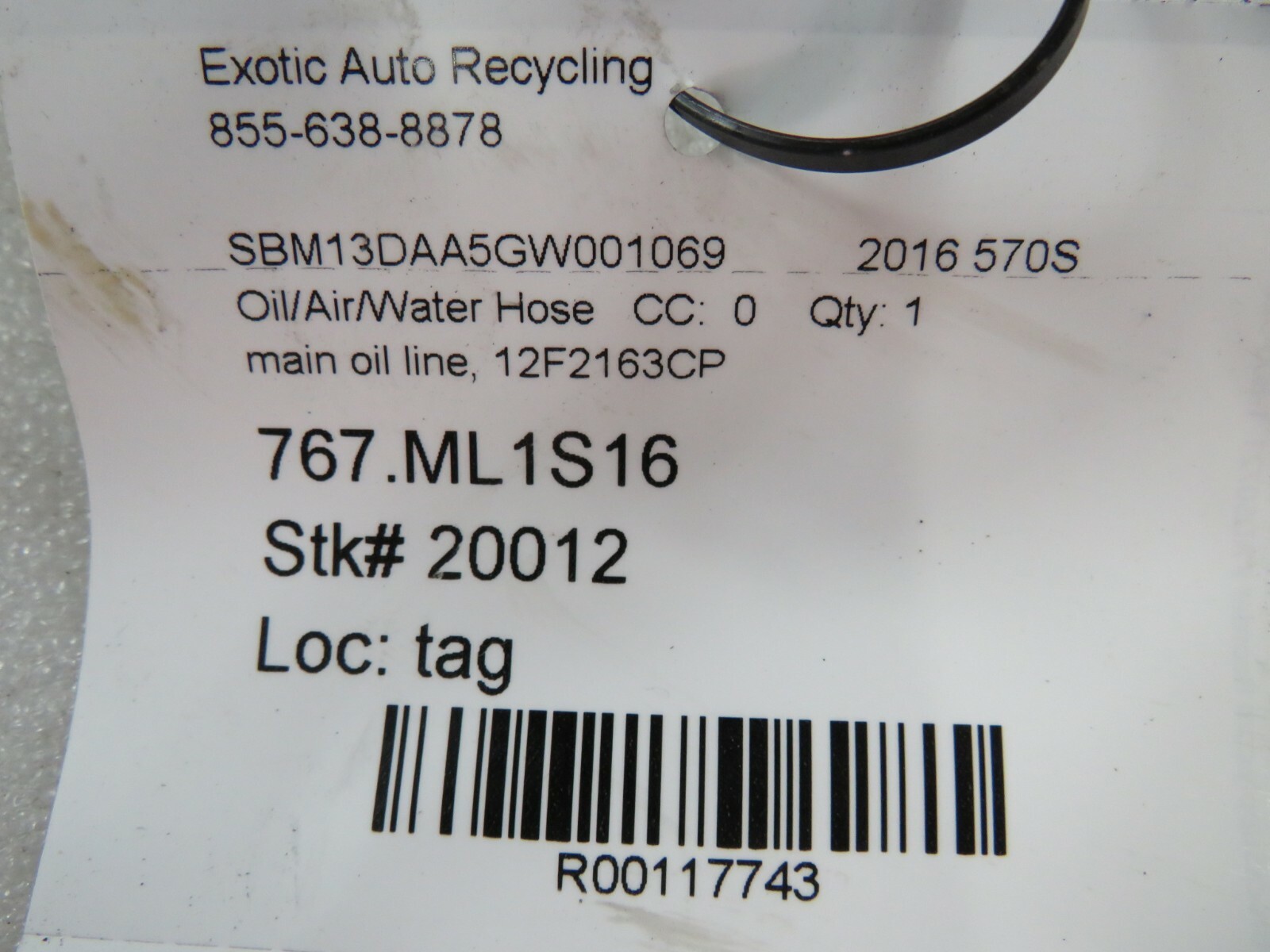 McLaren 570S, Main Oil Line, Used, P/N 12F2163CP