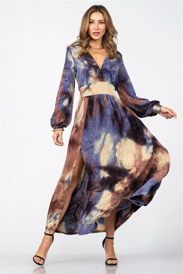 Long sleeve blue tie dye dress sales
