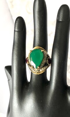 Vintage Emerald Ruby Pave Diamond Sterling Silver Gold Plated Two Tone Ring 