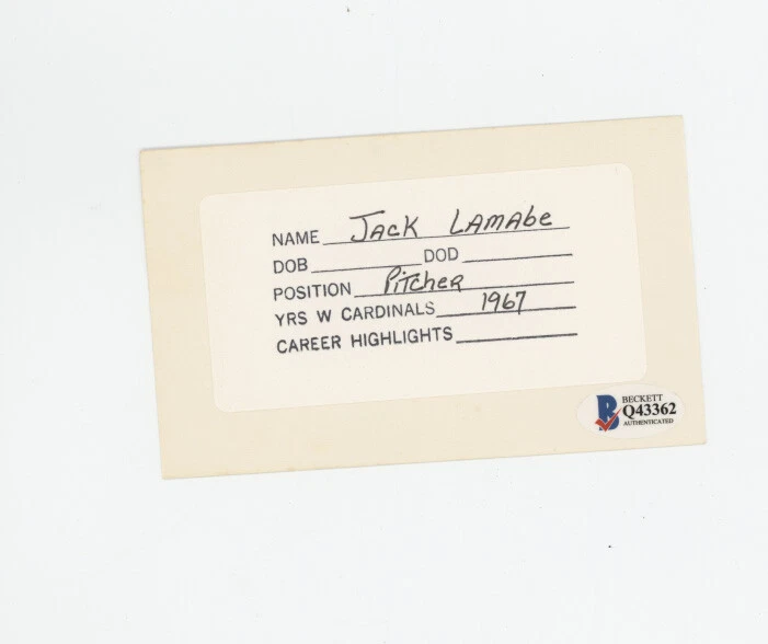 Jack Lamabe 1967 St. Louis Cardinals signed 3x5 index card Beckett authenticated - Image 2 of 2