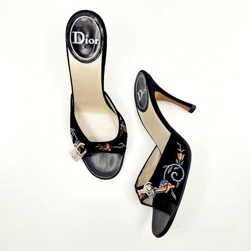 DIOR Vintage 2000s Galliano Lock Key Mule Sandal Heels 37 Black Suede Embroidery