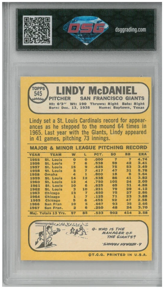 1968 Topps LINDY MCDANIEL #545 💎 DSG 9 Mint - Image 2 of 2