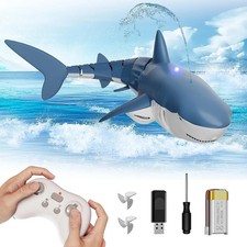 Waterproof Remote Control Electric Shark Water Toy with Spray, RC White/Blue New