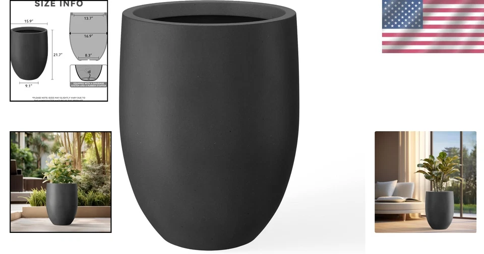 21.7" Burnished Black Concrete Planter - Stylish Modern Decor with Drainage - Image 2 of 4