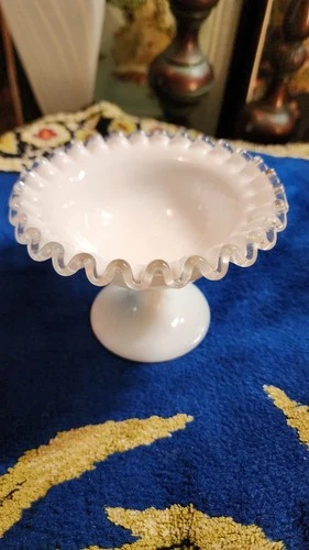 Vintage Fenton Silver Crest Ruffled Compote Milk Glass Pedestal Candy Dish