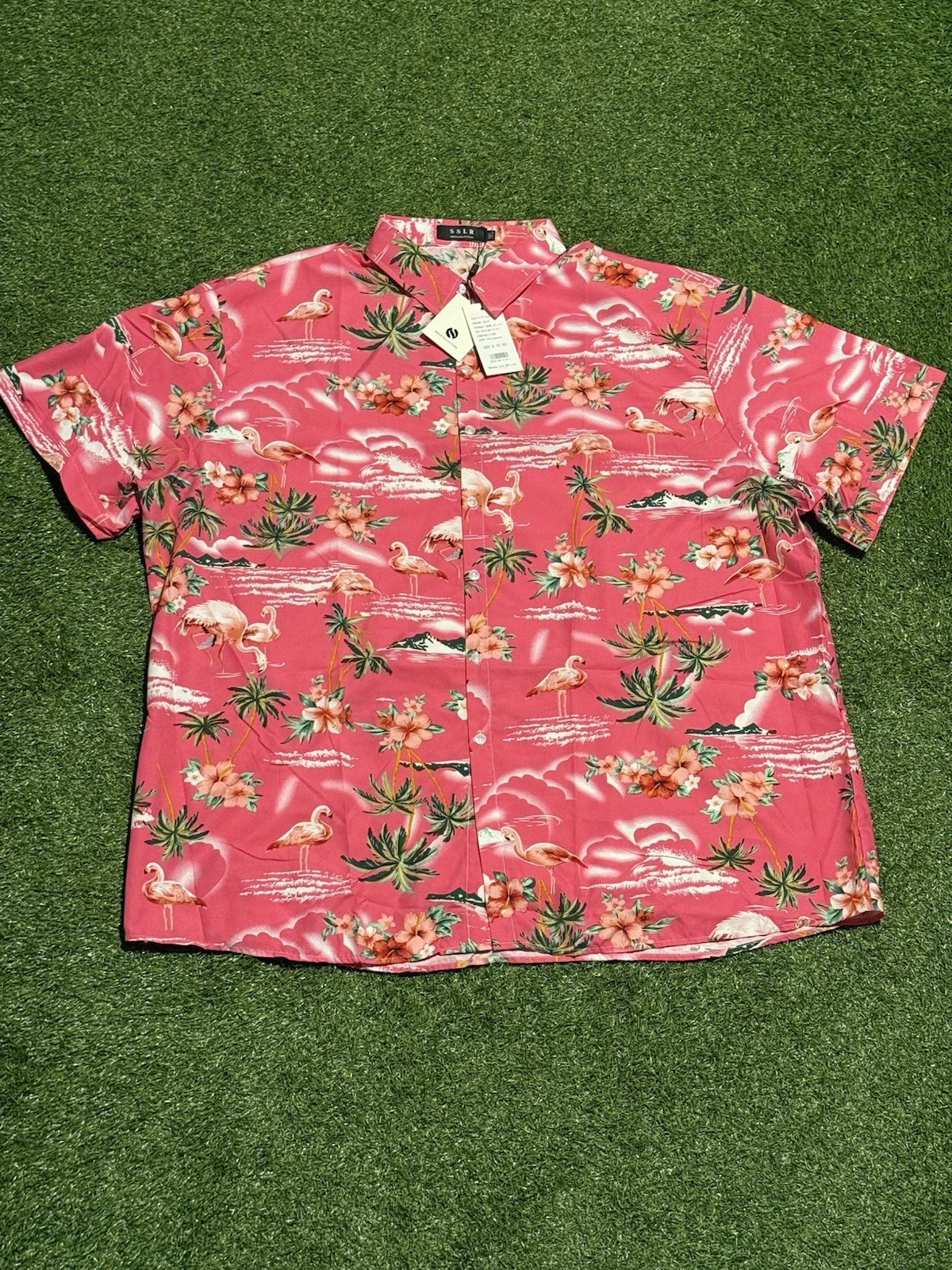 Hawaiian Camp Shirt Multi Color Flamingos Tropical Button Up Mens Sz 3 XL SSLR