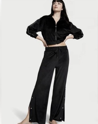 VICTORIAS SECRET Wide Leg Black Velour Pants Diamanté Snap Buttons NWT Large
