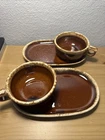 VTG Hull Pottery Brown Drip Soup Mug Snack Tray Sandwich Oven Proof  Set of 2