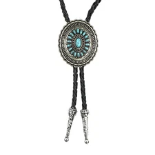 Oval Turquoise Stones Inlay Bolo Tie Antique Silver 40 inch Black Leather Cord