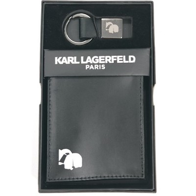 Karl Lagerfeld Paris Leather Black Fold Out Card Holder Wallet Gift Set Logo