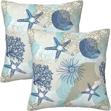 Beach Ocean Starfish Seashell Nautical Coastal Throw Pillow Covers 20x20 in