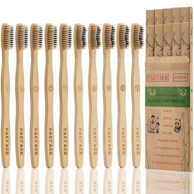 #ad 10 Count Bamboo Toothbrush SoftMedium Charcoal Toothbrushes Natural Wood Too $12.89