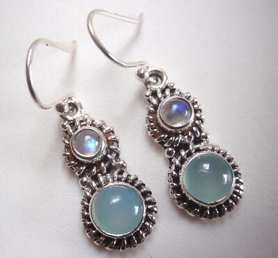 Runde Ohrringe Chalcedon und Mondstein 925 Sterling Silber Doppel Edelstein