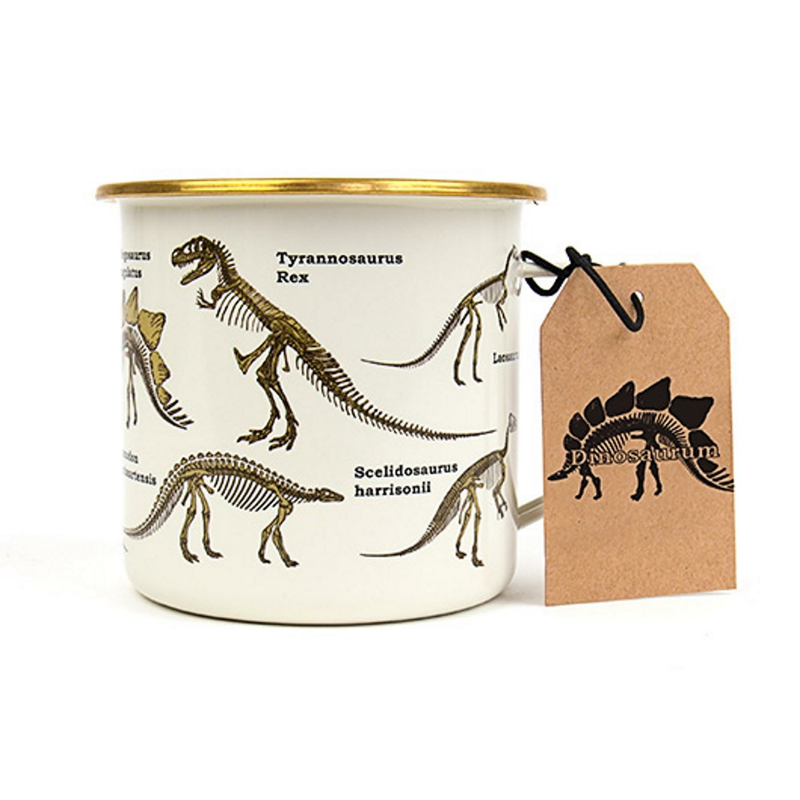 Enamel Mug Camping Accessory Dinosaur Print White Mug Gold Rim Gift Idea For Him