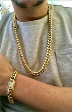 12MM 14k Gold Plated Solid Stainless Steel Miami Cuban Link Bracelet&Chain Set