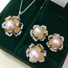 Gorgeous AAAA+ 9-10mm South Sea White Stud Pearl Pendant &earring&ring Set 925s