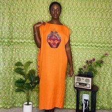 Vintage Women Orange Caftan Dress with Hand Painted African Tribal Mask