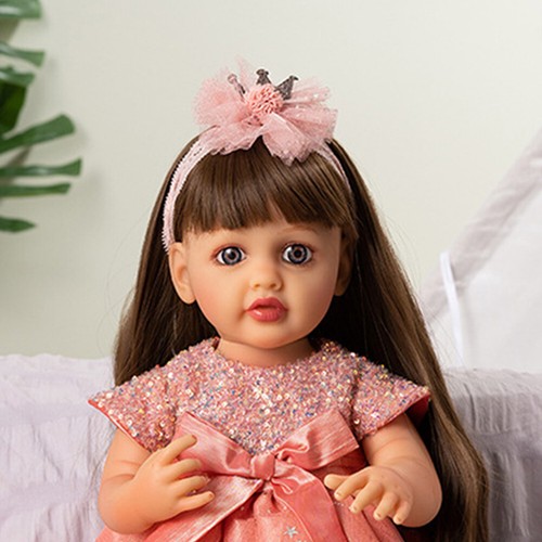 22" Volles Silikon Vinyl Reborn Baby Puppen Kleinkind Langes Haar Nettes Kleid - Bild 3 von 4
