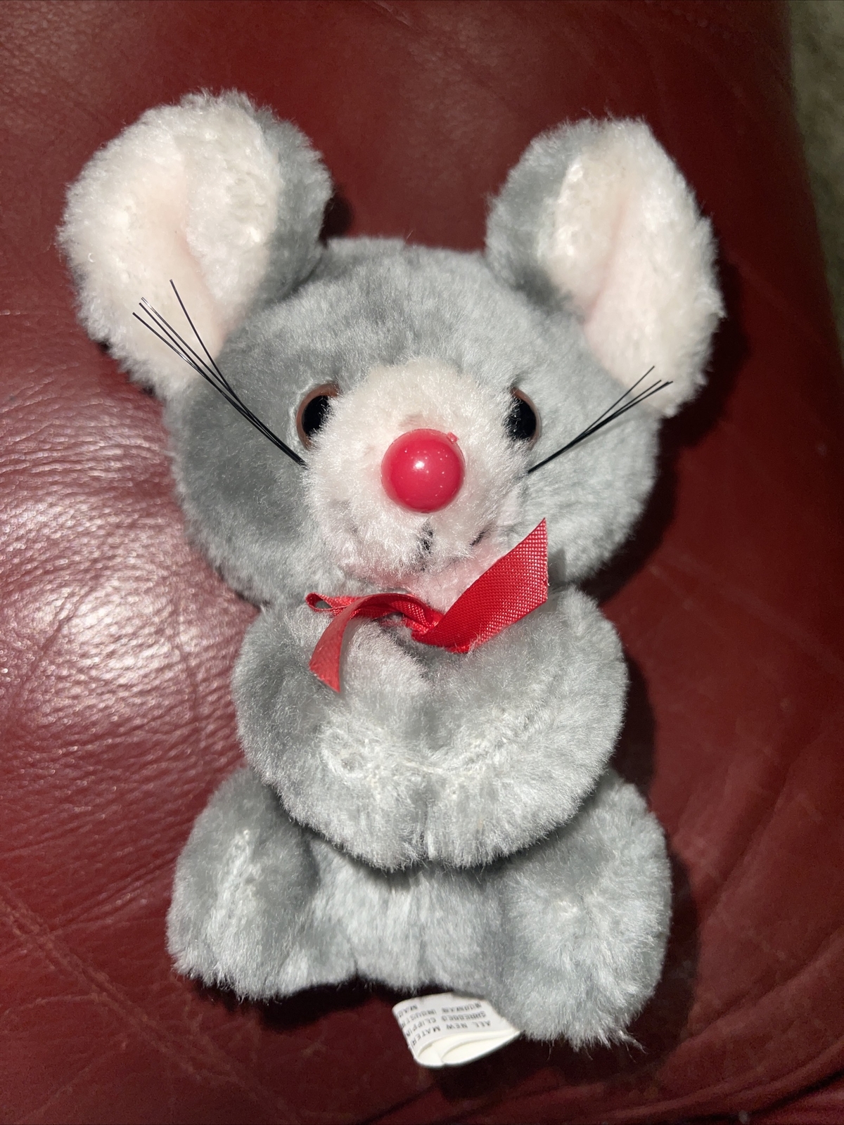 NORMAN INDUSTRIES MINI GRAY MOUSE PLUSH 6” RED RIBBON STUFFED ANIMAL TOY