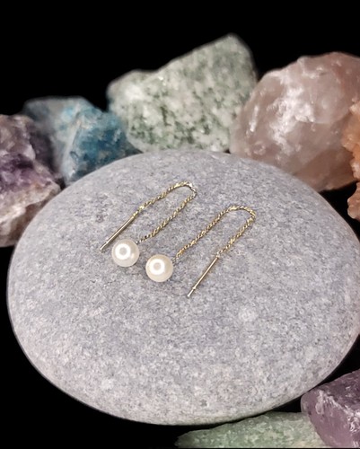 Handcrafted 14K Yellow Gold 5.15mm Natural Pearl Theader Earrings. - Picture 3 of 6
