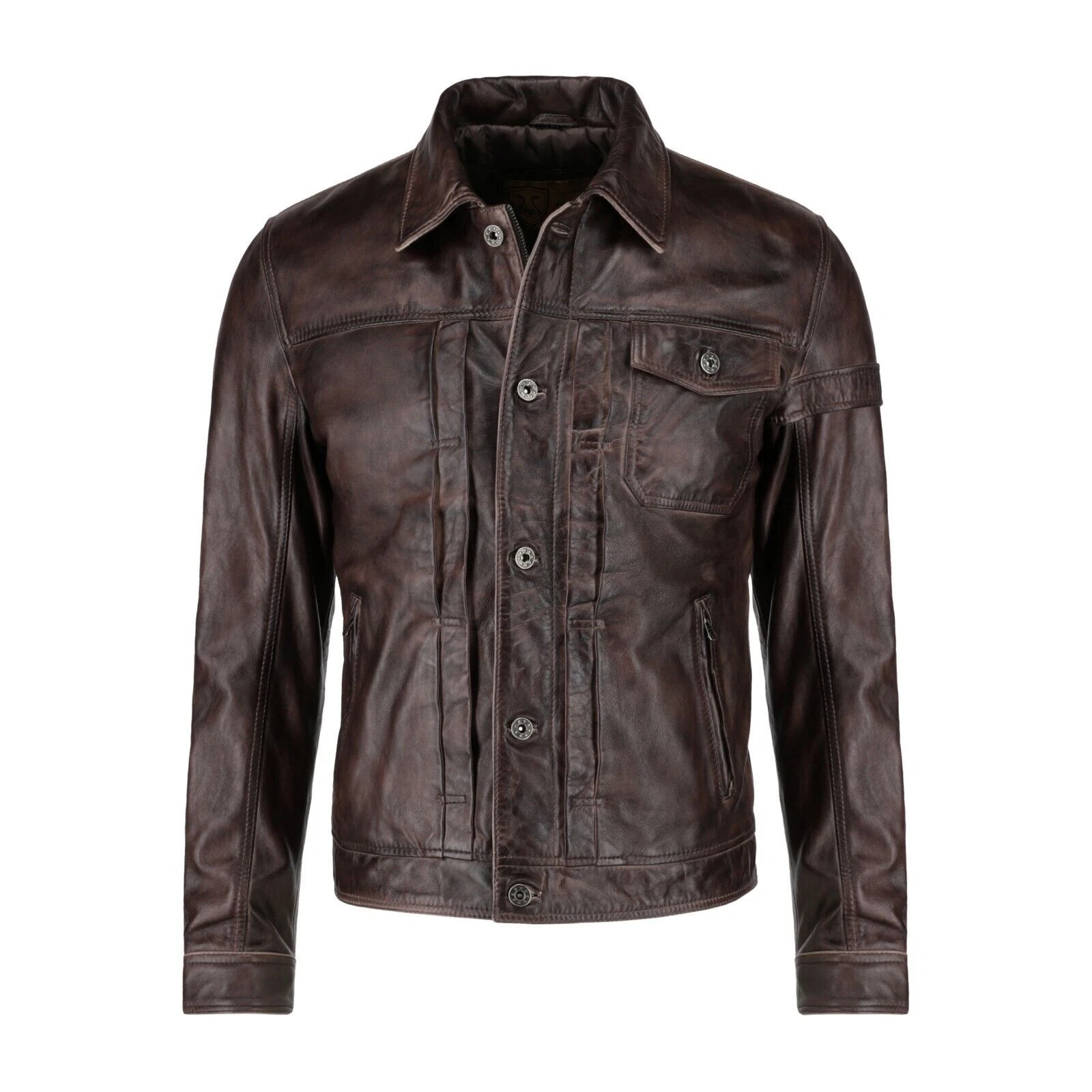 Men's Real Lambskin Leather Brown Jacket Biker Denim Style Buttoned Coat Outfit