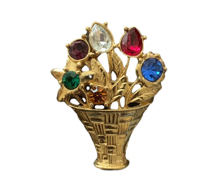 Vintage Monet Brooch Flower Badket Multicolor Rhinestones