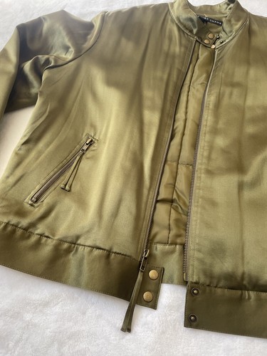 Josephine Chaus 10 Silk Bomber Jacket Olive Green Zip Snap Quilted Large Lux NWT - Picture 5 of 21