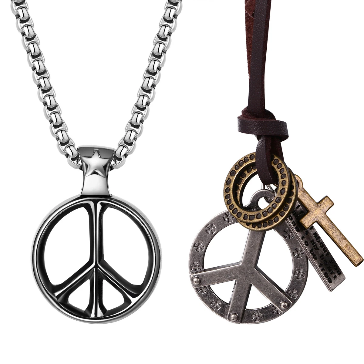 2pcs Mens Peace Sign Hippie Leather Necklace Symbol Stainless