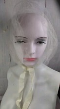 Vtg 1960'S White Net Hair Protector Hat Tie on Bonnet with Ribbon and Pom Poms