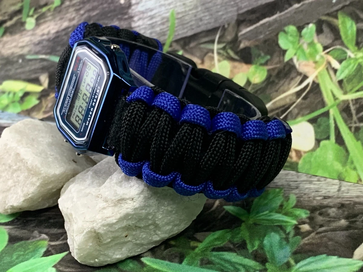 Ladies Black Blue Adjustable Survival Paracord Watch Band Vintage