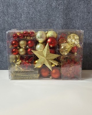 108 teiliges Christbaumkugeln Set, rot & gold mit Baumspitze,
