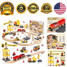 Wooden Train Set Construction Train Track Set with Crane for Kids Boys Age 3