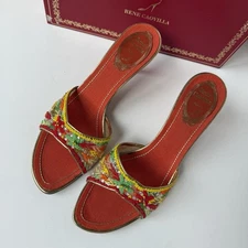 Rene Caovilla Peachy Orange Beaded Slip On Mules Sandals Kitten Heels Slides 38