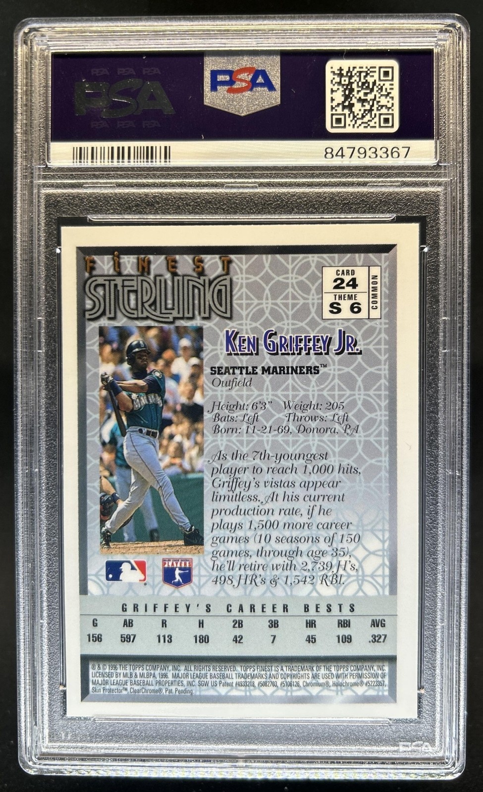 1996 Topps Finest Ken Griffey Jr. With Coating #24 Mariners PSA 10 GEM MINT view 2