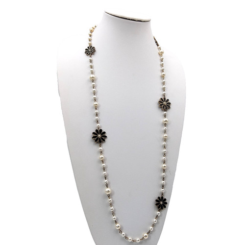 Vintage Inspired Camellia Flower Necklace Faux Pearl Rope Length Parisian Chic