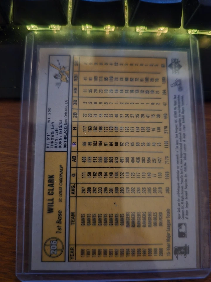 2001 Upper Deck Vintage Will Clark #206 mint - Image 2 of 2