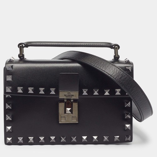 Valentino Rockstud Flap Box Black Leather Top Handle Bag