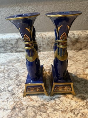 Pair Vintage Franklin Mint Egyptian Bast Cat Candleholders Blue 24KT Gold Garas