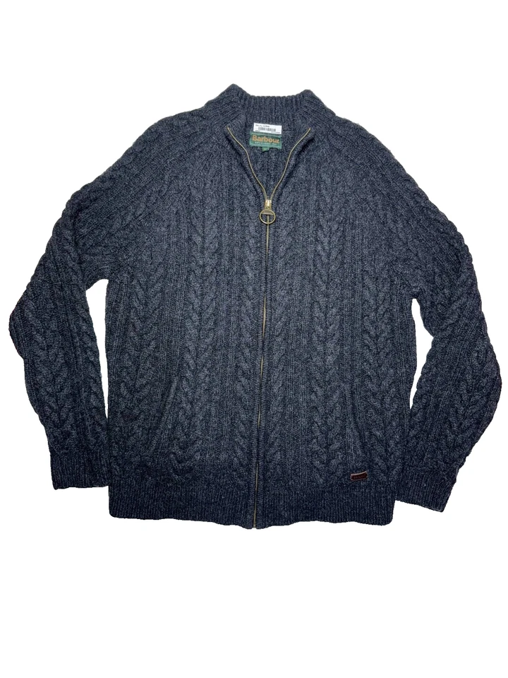 BARBOUR XL 100% Shetland Wool Cable Knit Full Zip Cardigan Jacket Jumper Sweater - Image 3 of 4