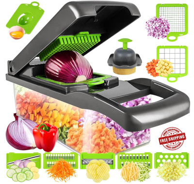 Multifunctional 13 in 1 Food Chopper, Cutter, Onion Mincer, Colander -Gray/Green