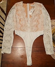 NEW Rare London Womens Size 8 White Lace Bodysuit Long Sleeve Sheer Thong