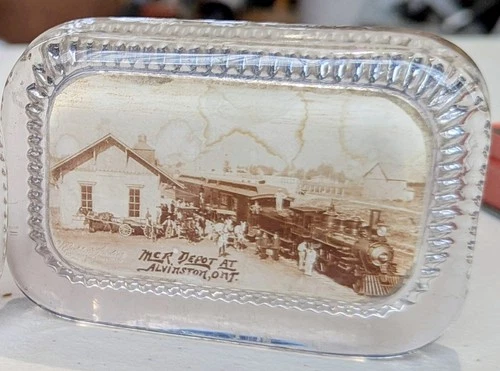 TR0201 Glass Paperweight with Railroad Scene Showing Alvinston Ontario Station