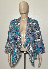 Chicos Turquoise Paisley Linen Drape 3/4 Sleeve Jacket Open Front Size 1 8-10