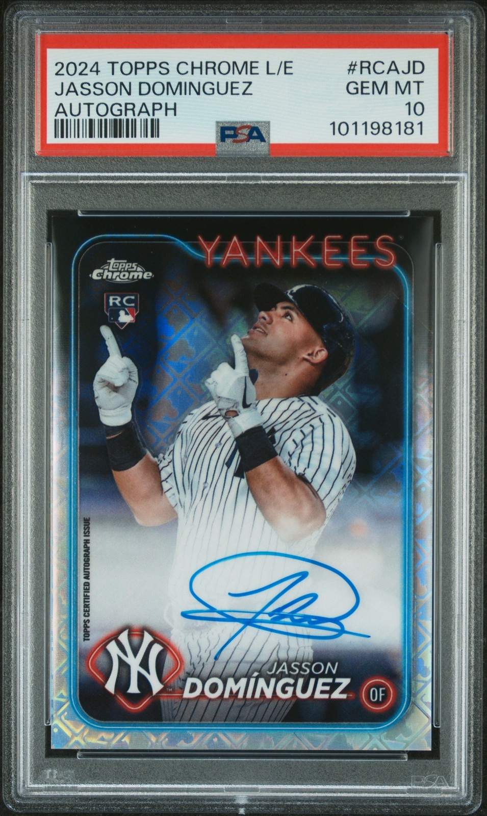 Jasson Dominguez #RCA-JD Baseball Cards 2024 Topps Chrome Logofractor MLB Refractor Autograph trading card — raw and PSA graded price guide