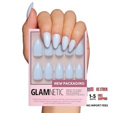 Press On Nails - Short Almond, Glossy Fake Nails - 30 Pc Full Kit - Milky Blue