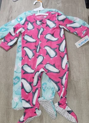 Carter's Baby Girls 2-piece Pink Blue Penguin Fleece Pajama Sleeper Set 12M NWT
