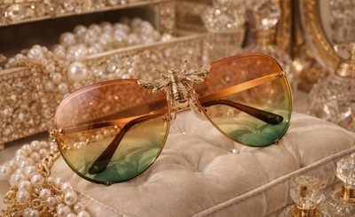 Y2K gradient shield sunglasses gold bee statement rimless