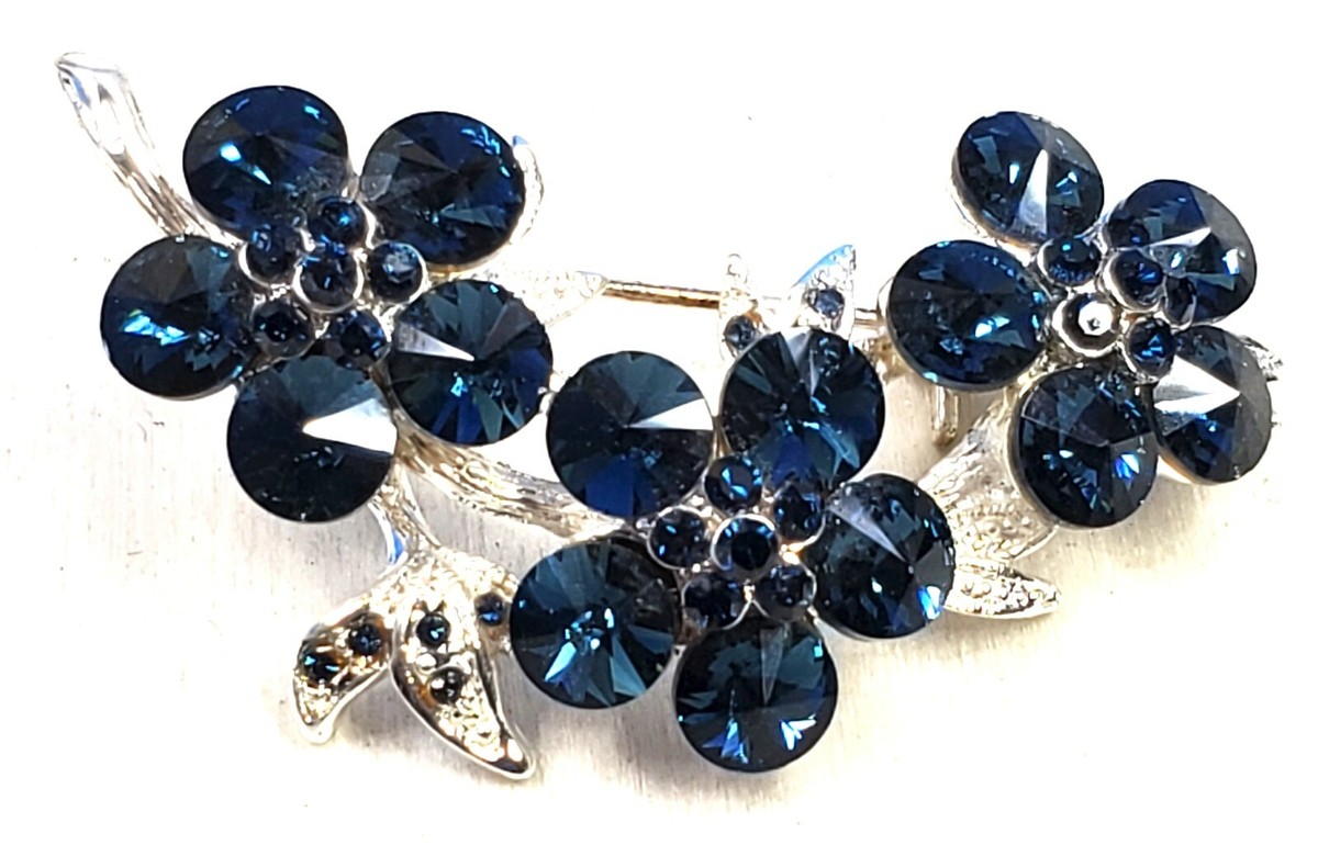 Rhinestone Blue Flower Brooch Pin Silver Tone @ trueblue0080 - b23