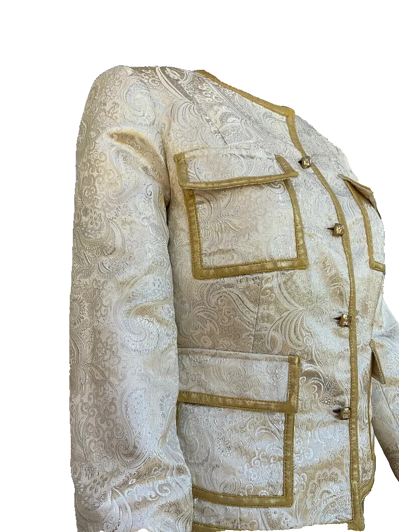 CHANEL GIACCA VINTAGE HAUTE COUTURE ARGENTO BROCCATO METALLICO E FINITURE ORO TAGLIA 4