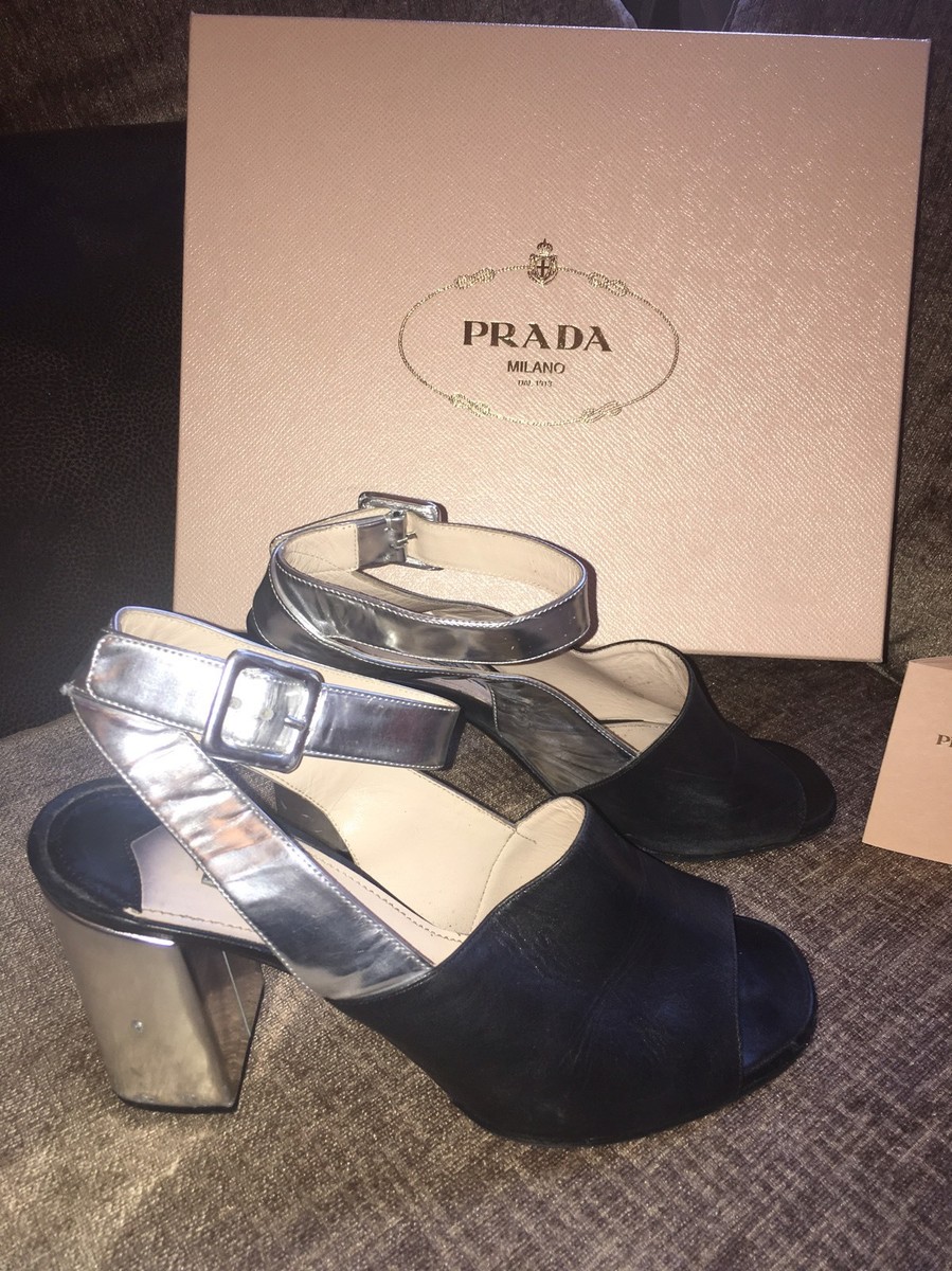 Prada Black and Silver Block Heel Peep Toe Sandals Uk 6 Eu
